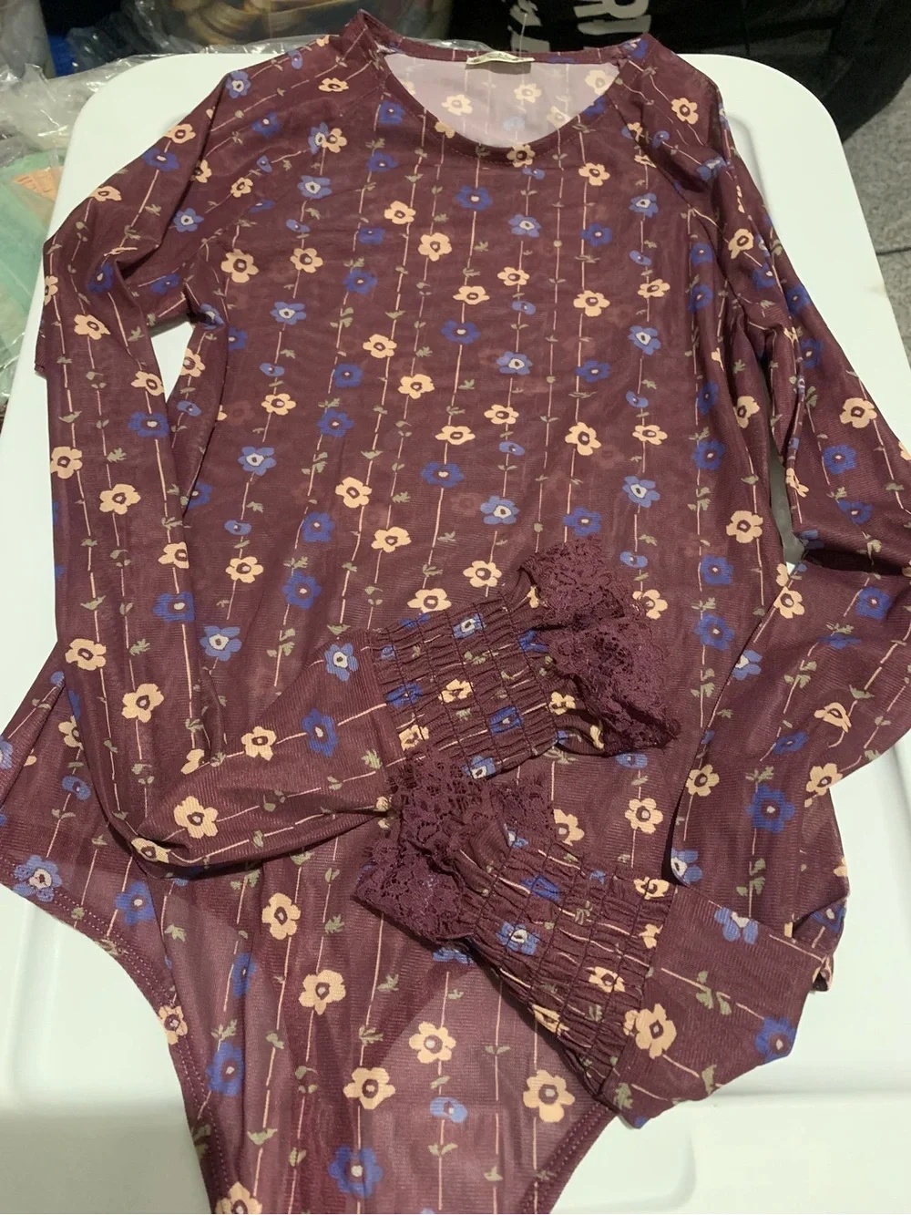 Free People Floral Print Long Sleeve Lace Trim Sheer Bodysuit Mauve Purple